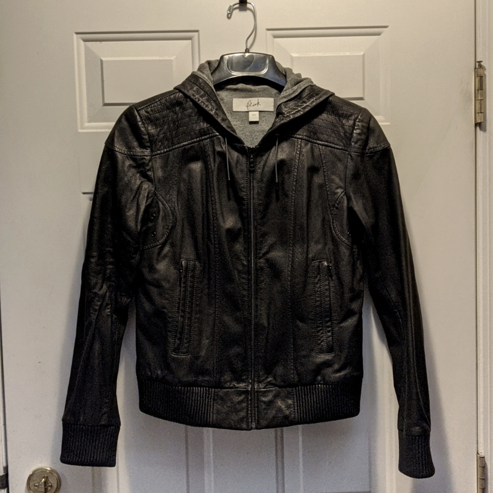 Blink Danier Leather Hooded Bomber Jacket Black Medium